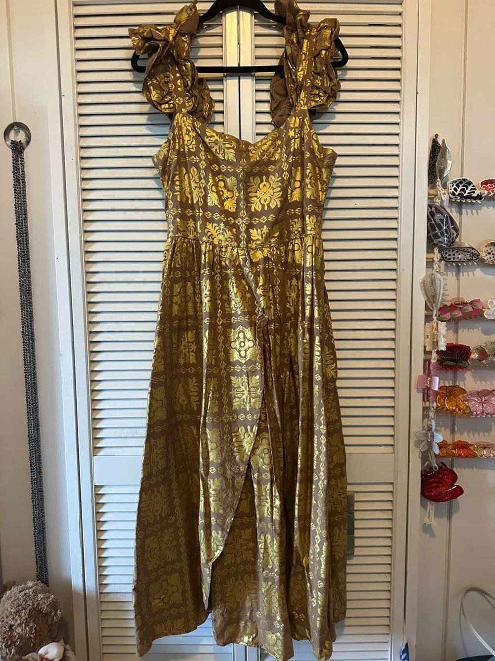 Gold Floral Maxi Dress with Ruffle Shoulder Ties